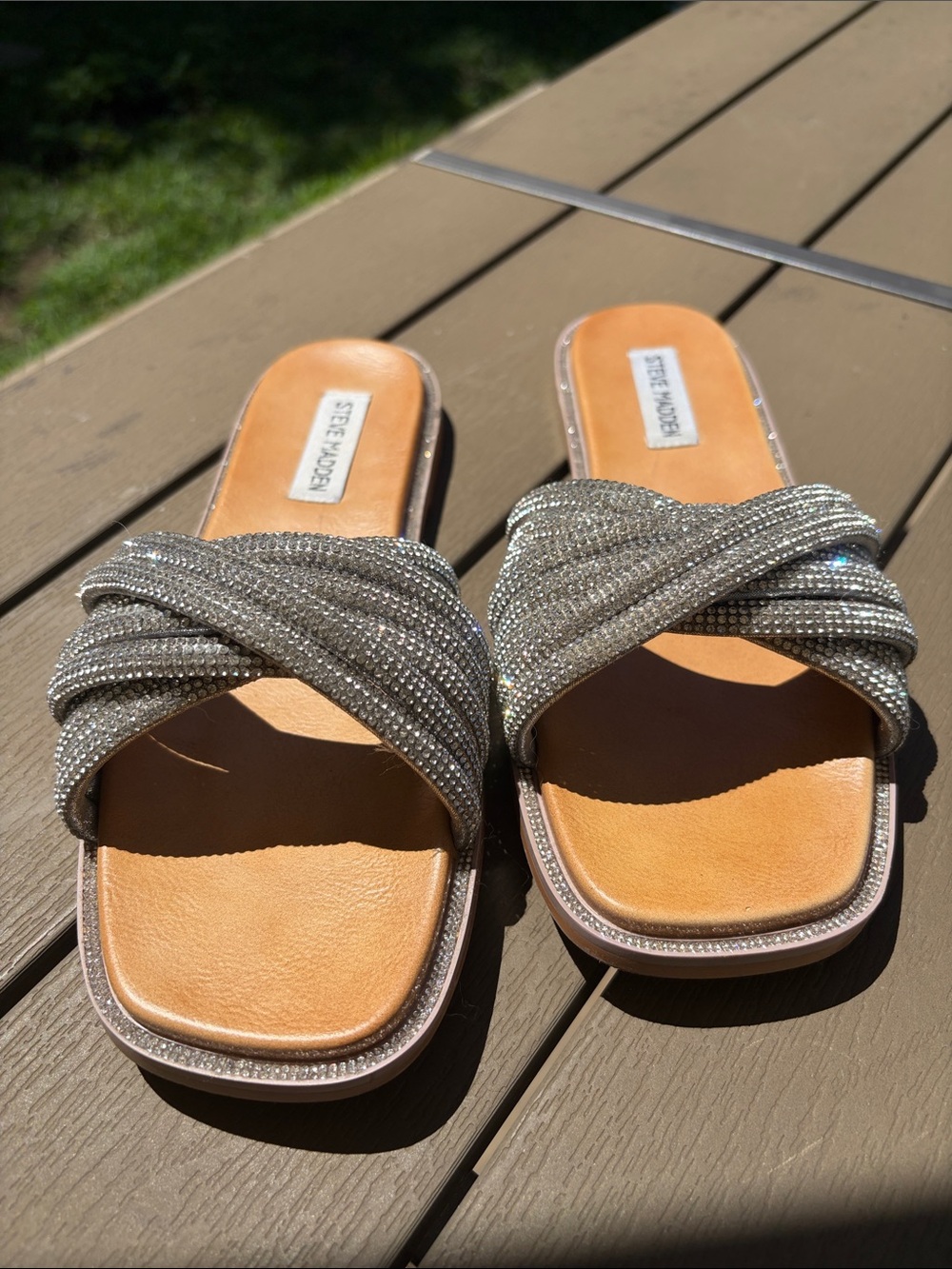 Steve Madden Silver Crystal-Embellished Slide Mules
